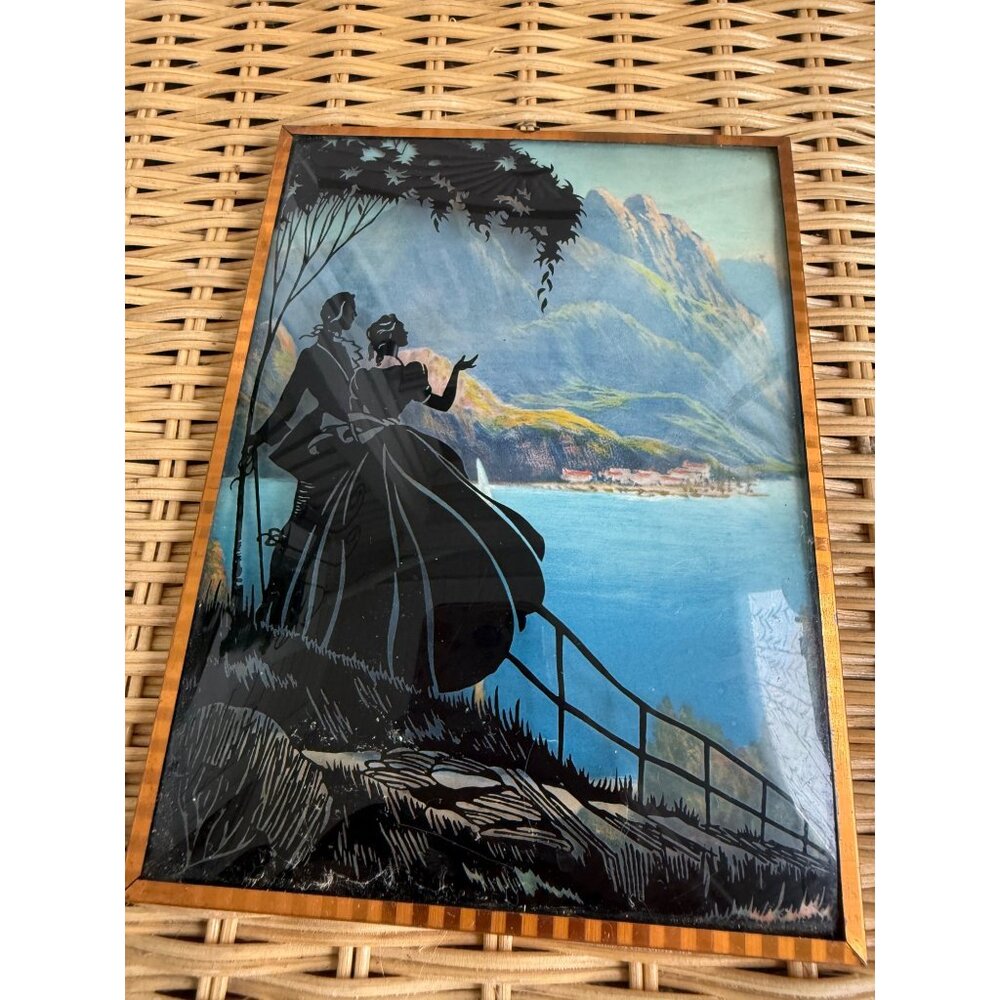 Vintage 40's Reverse Painted Silhouette Victorian Couple Mountain scene Picture - Picture 6 of 9